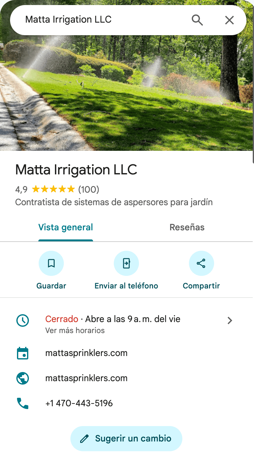 Ficha real de Google Business Profile de Matta Irrigation LLC en Google Maps: 4,9 estrellas con 100 reseñas, categoría contratista de sistemas de aspersores para jardín, horario, web mattasprinklers.com y teléfono