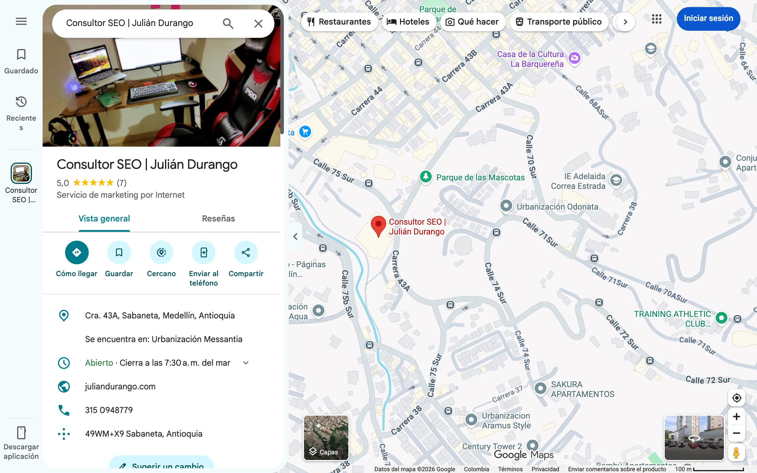 Ficha real de Google Maps de Consultor SEO Julián Durango con nombre, dirección en Sabaneta, teléfono y web