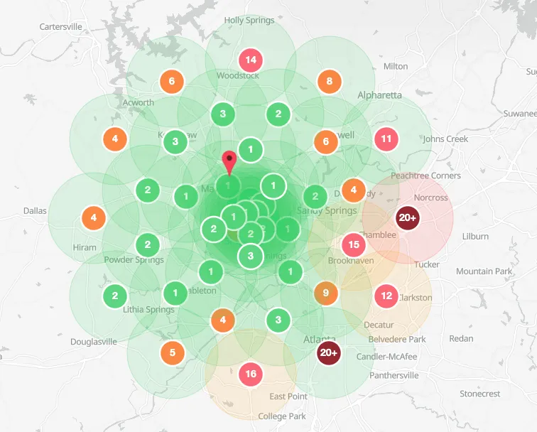 Mapa por cuadrícula de posiciones en Google Maps de un negocio: verde cerca del local y rojo en las zonas alejadas