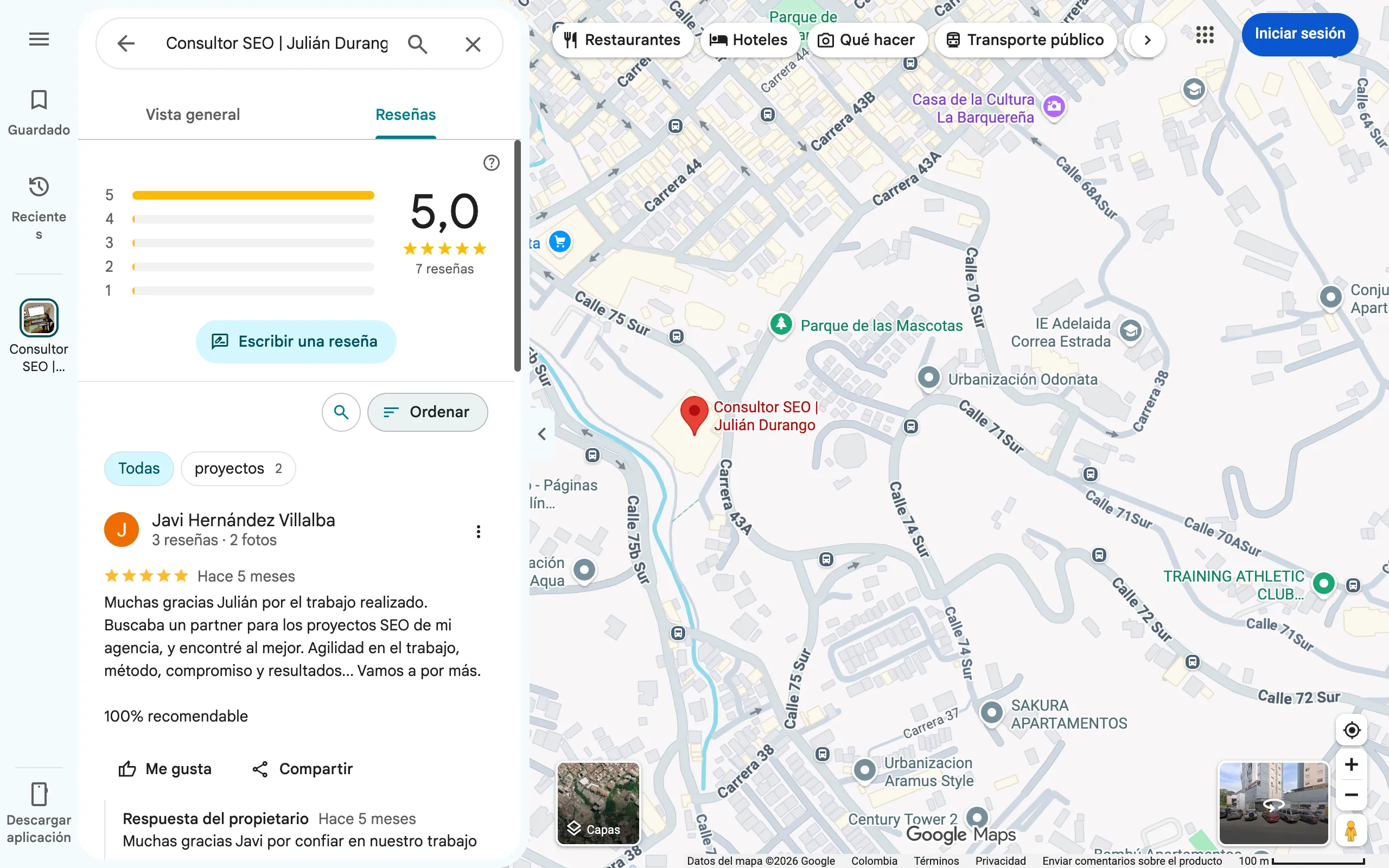 Pestaña de reseñas de la ficha de Google de Julián Durango con 5,0 estrellas, 7 reseñas y la respuesta del propietario