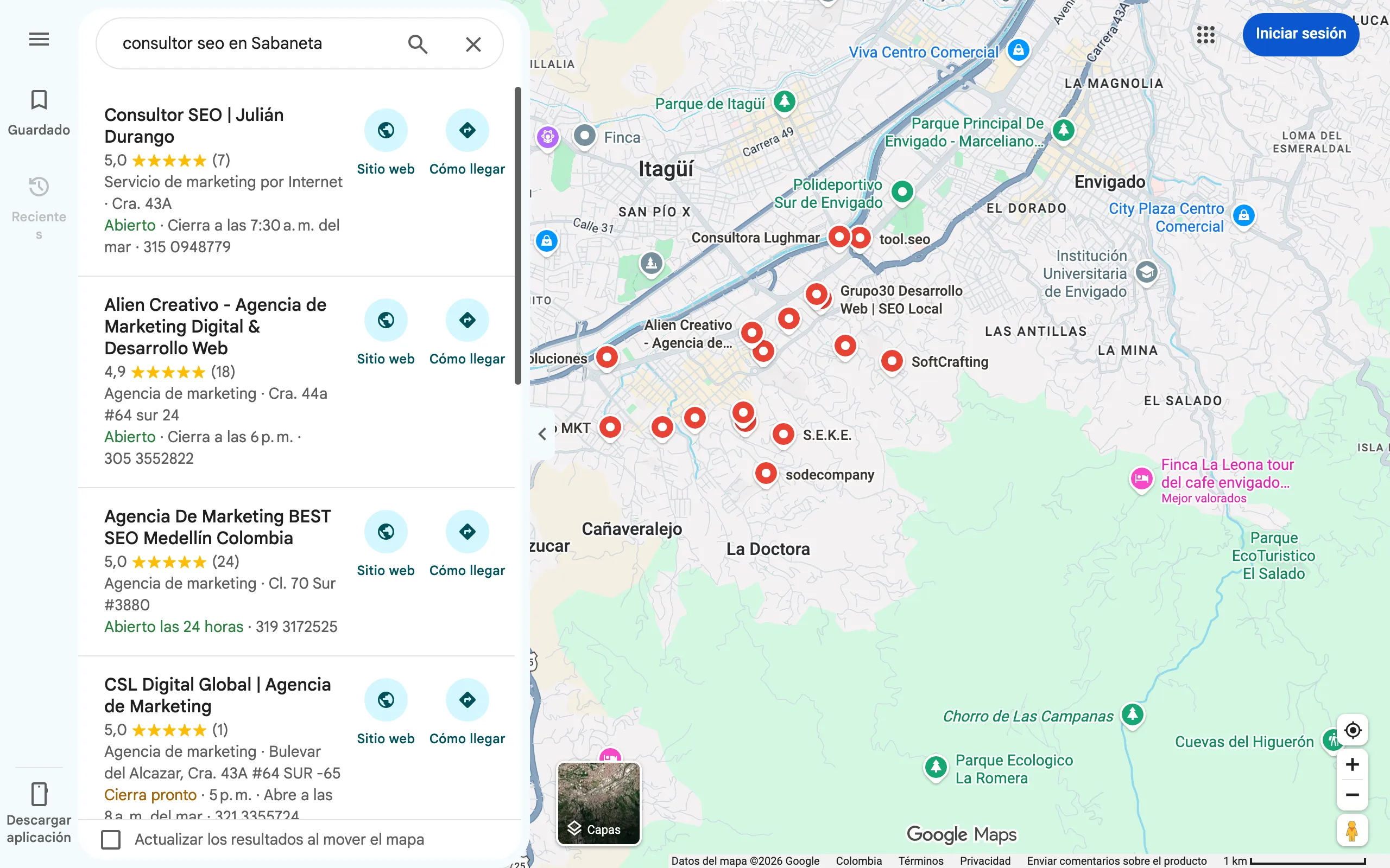 Resultados de Google Maps para la búsqueda consultor seo en Sabaneta: la ficha de Julián Durango aparece primera con 7 reseñas, por delante de fichas con 18 y 24 reseñas