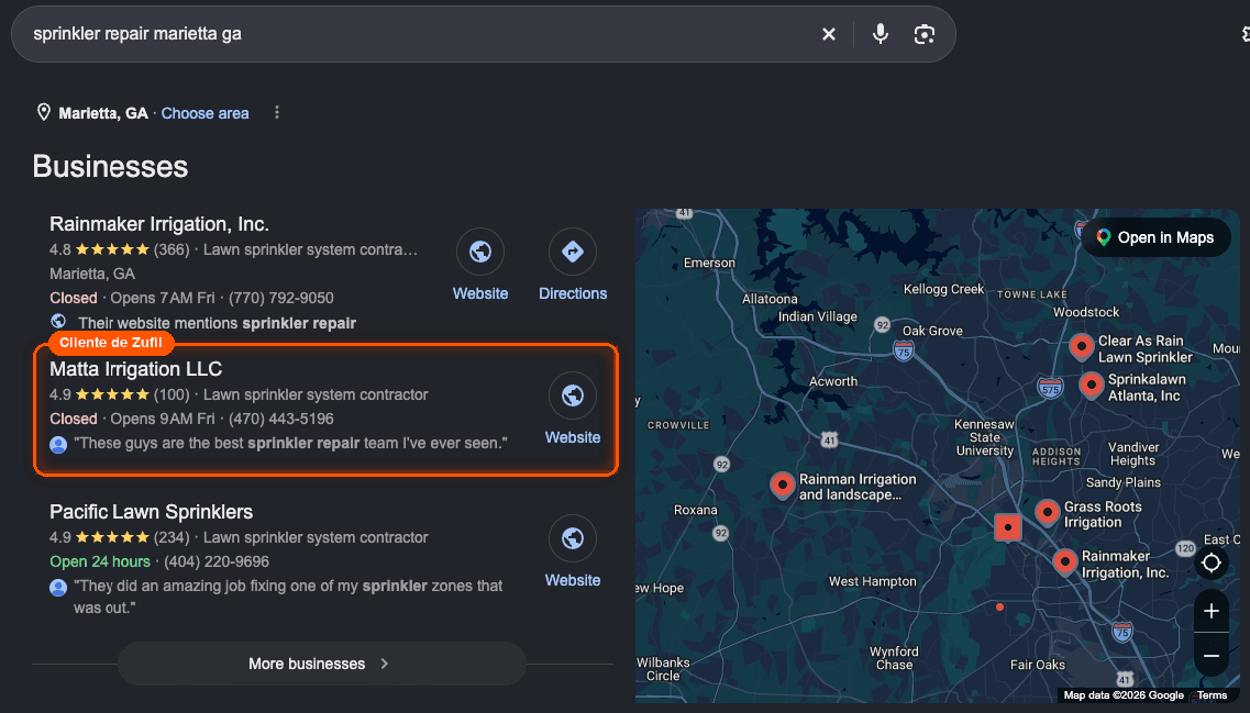 Paquete local de Google Maps para la búsqueda sprinkler repair marietta ga: Matta Irrigation LLC aparece entre los tres negocios destacados con 4,9 estrellas y 100 reseñas