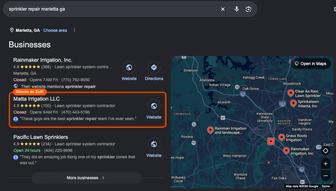 Paquete local de Google Maps para la búsqueda sprinkler repair marietta ga, con tres negocios destacados en el mapa, sus estrellas y reseñas