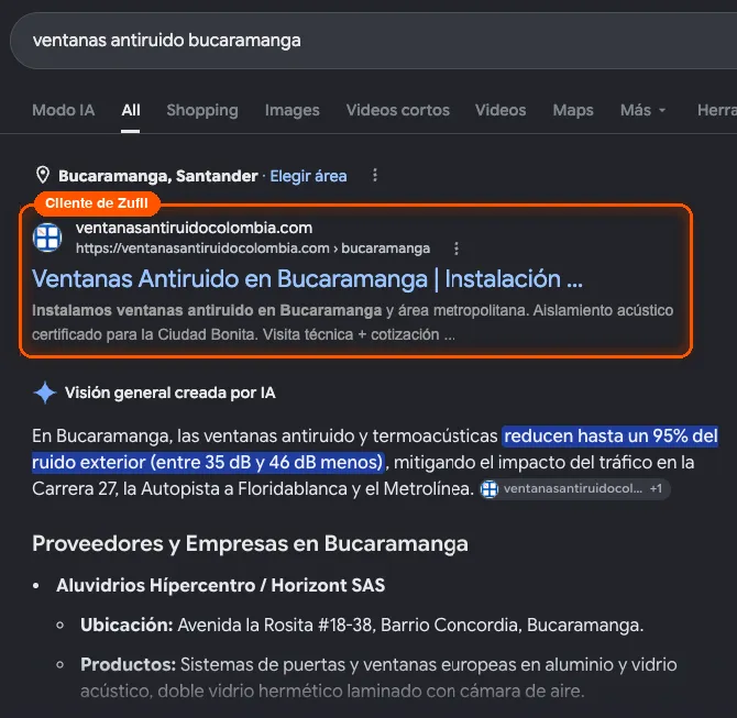 Resultados de Google para ventanas antiruido bucaramanga: la web del cliente aparece primera y citada en la visión general creada por IA