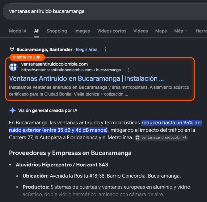 Resultados de Google para ventanas antiruido bucaramanga: la web de un cliente aparece primera y citada como fuente en la visión general creada por IA